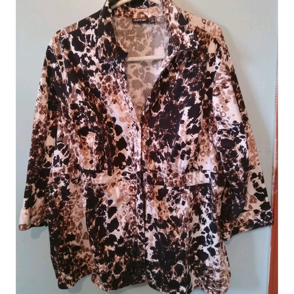 APT 9 Shirt Womens 3X Button Up Blouse Top Long Sleeve White Brown & Black - Picture 1 of 3